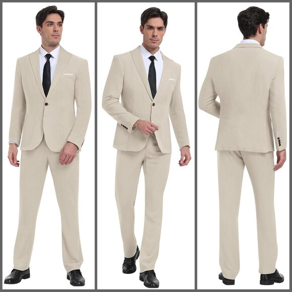 Men's Beige Linen Suit Set - Stylish 2 Piece Tuxedo for Weddings & Parties - Picture 2 of 6